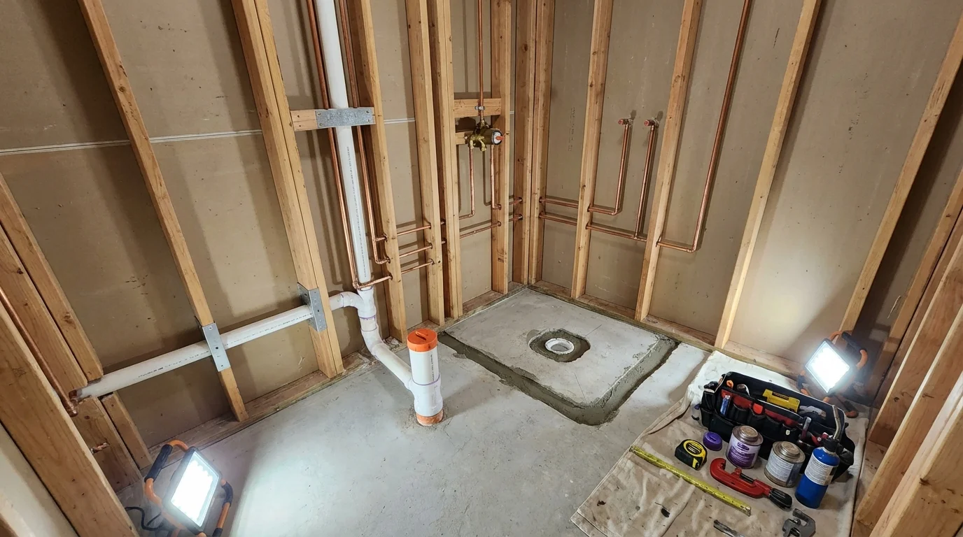 Bathroom rough-in plumbing during remodel by Johns Plumbing LLC in River Forest