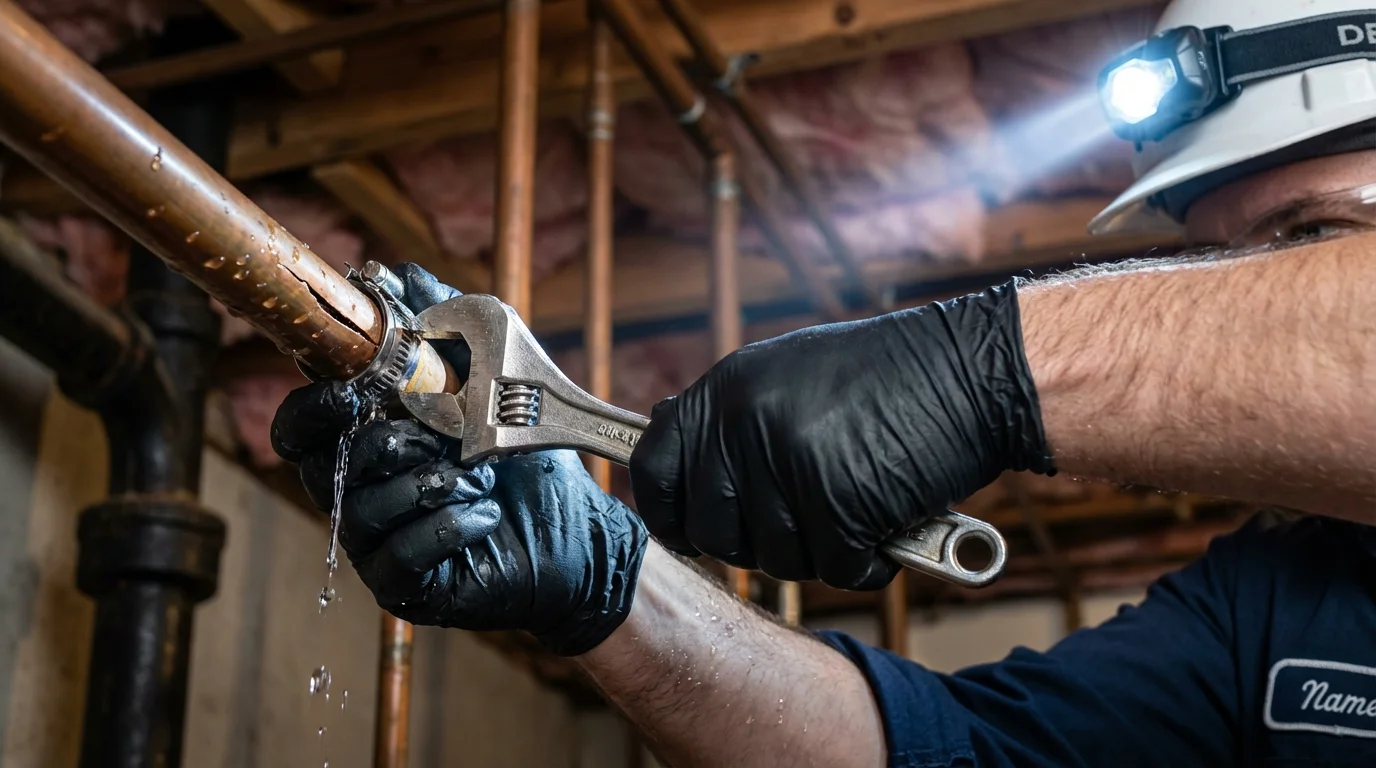 Emergency pipe clamp repair being performed by a Johns Plumbing LLC plumber in River Forest