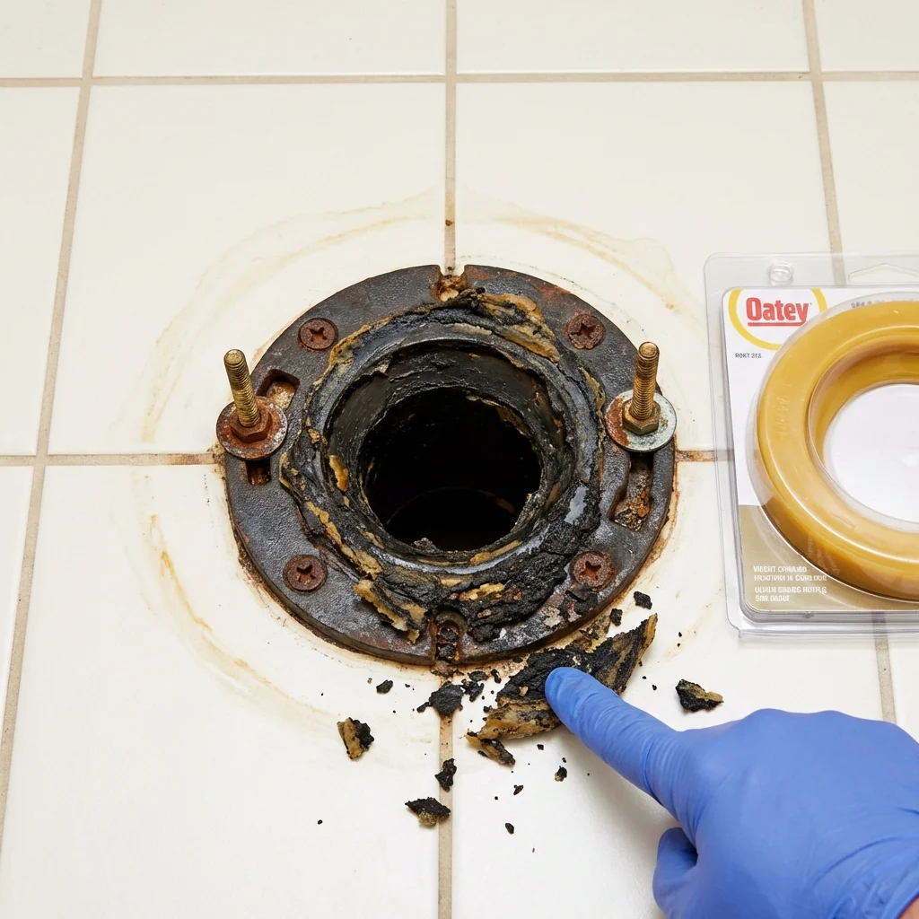 Failed wax ring showing water seepage at the base of a toilet in a River Forest, IL home