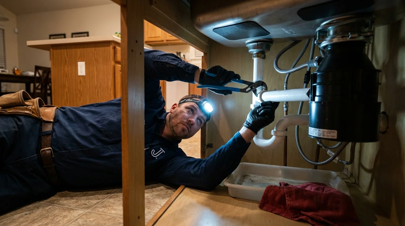 P-trap and supply line connections under a kitchen sink showing a common leak point in River Forest, IL